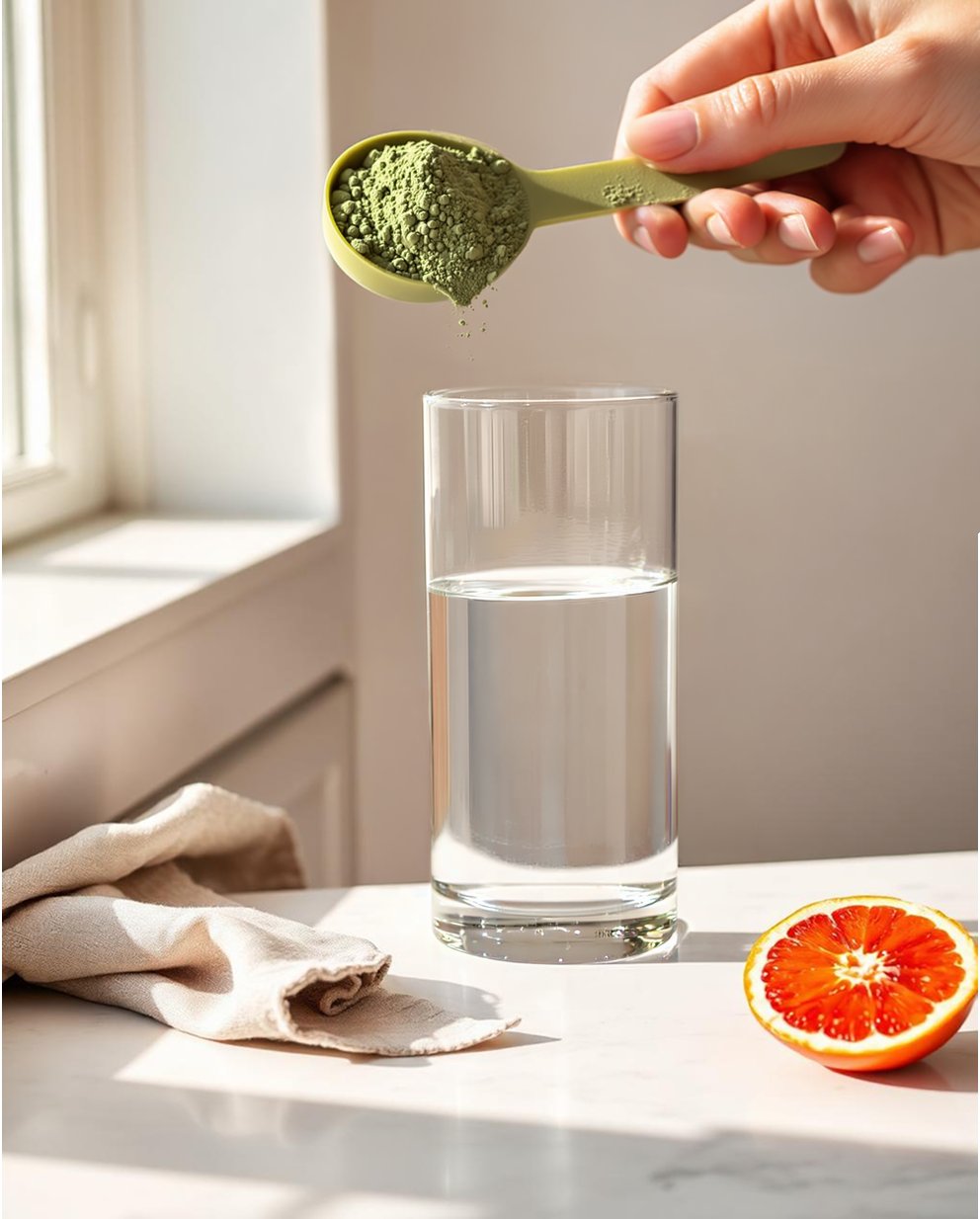 A scoop of Bondi Pure being poured into a glass in a sunlit kitchen.