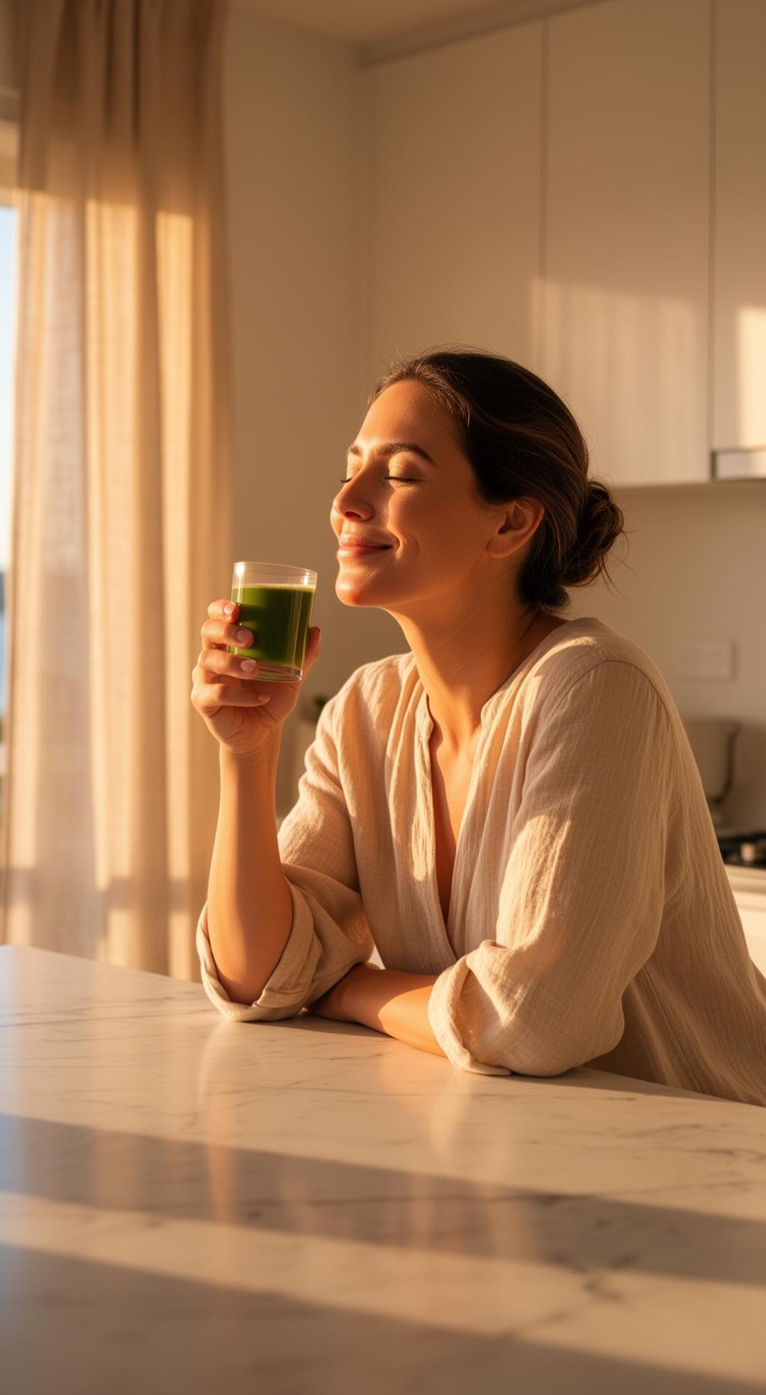 A woman holding her glass at the end of her fasting window, calm and easy.